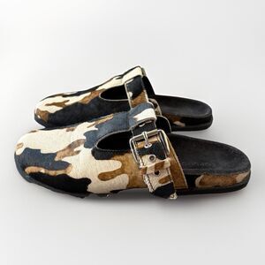 Topshop Annie Leather Buckle Clogs Cow Pony Print Size 10 Slip On Shoes